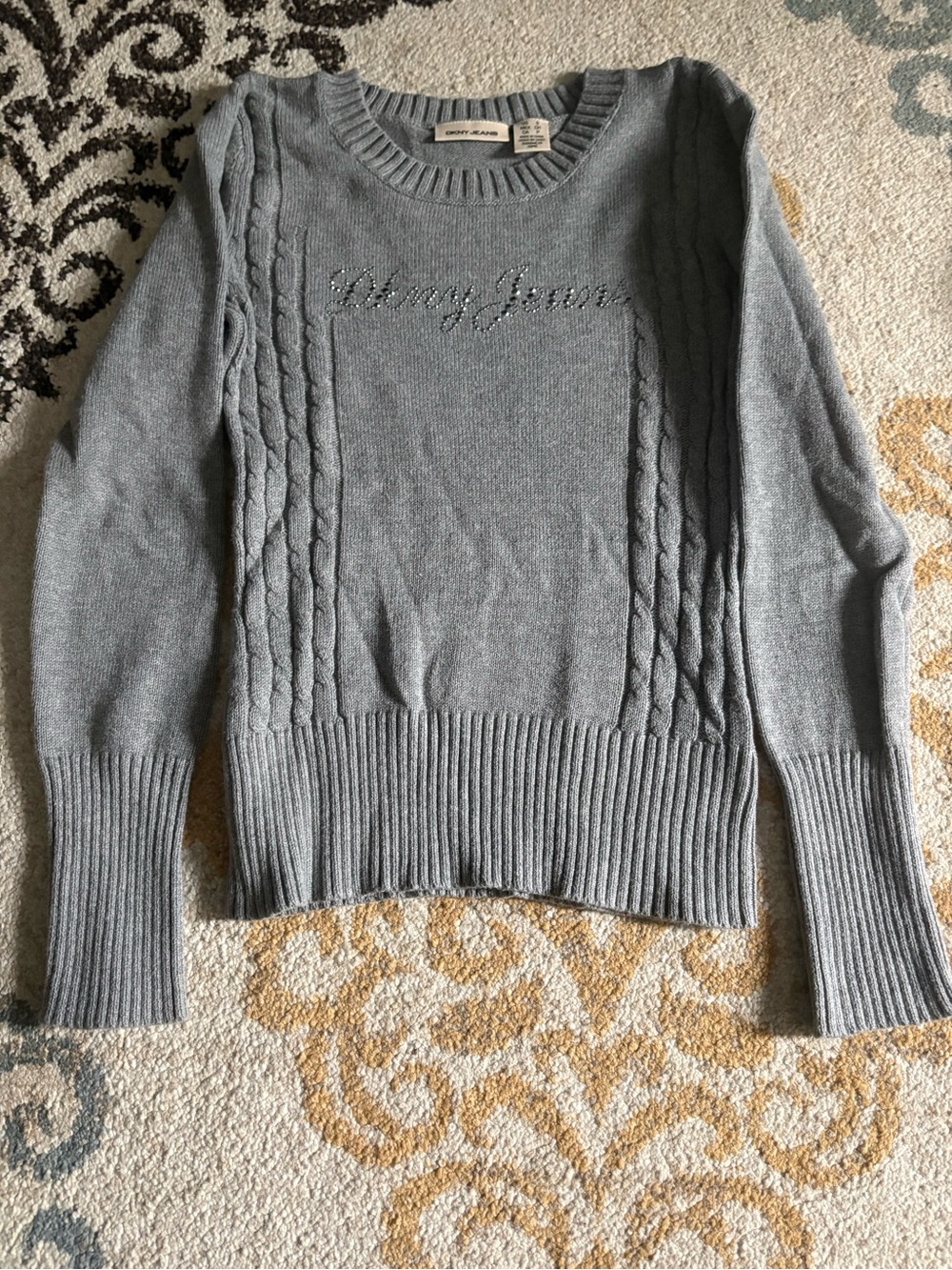 Dkny Light Gray Cable Knit Crewneck Sweater
